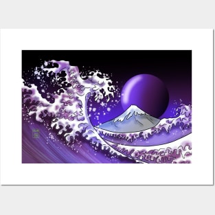 Big wave, Mount Fuji, and a purple moon Posters and Art